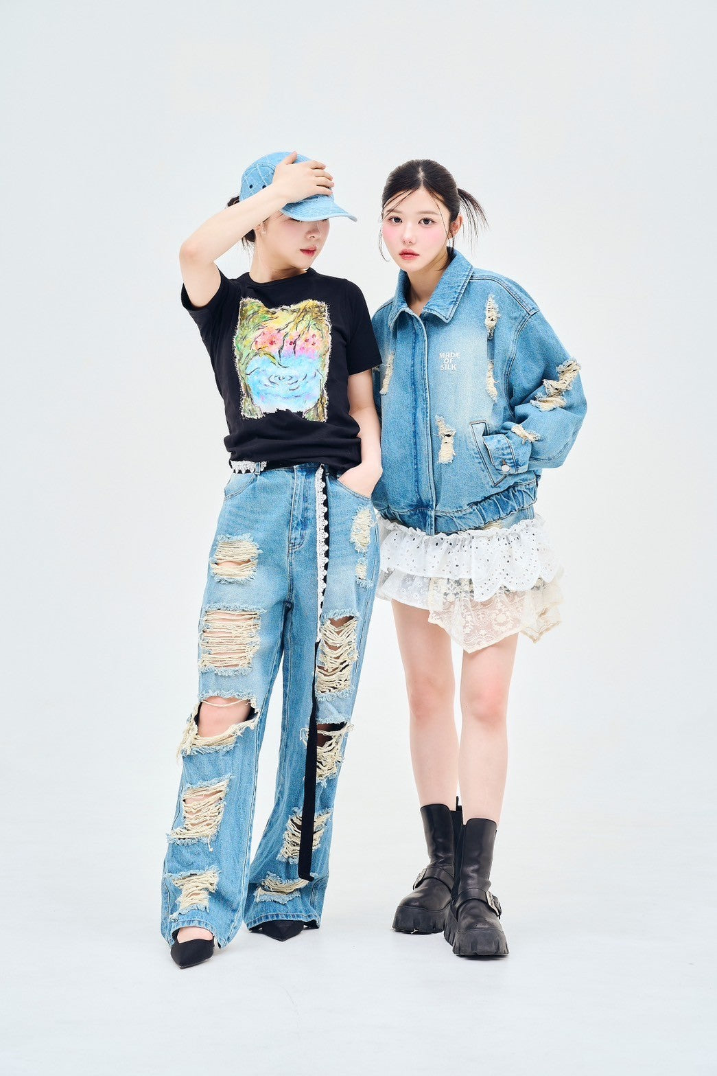 damage denim pants – made of silk